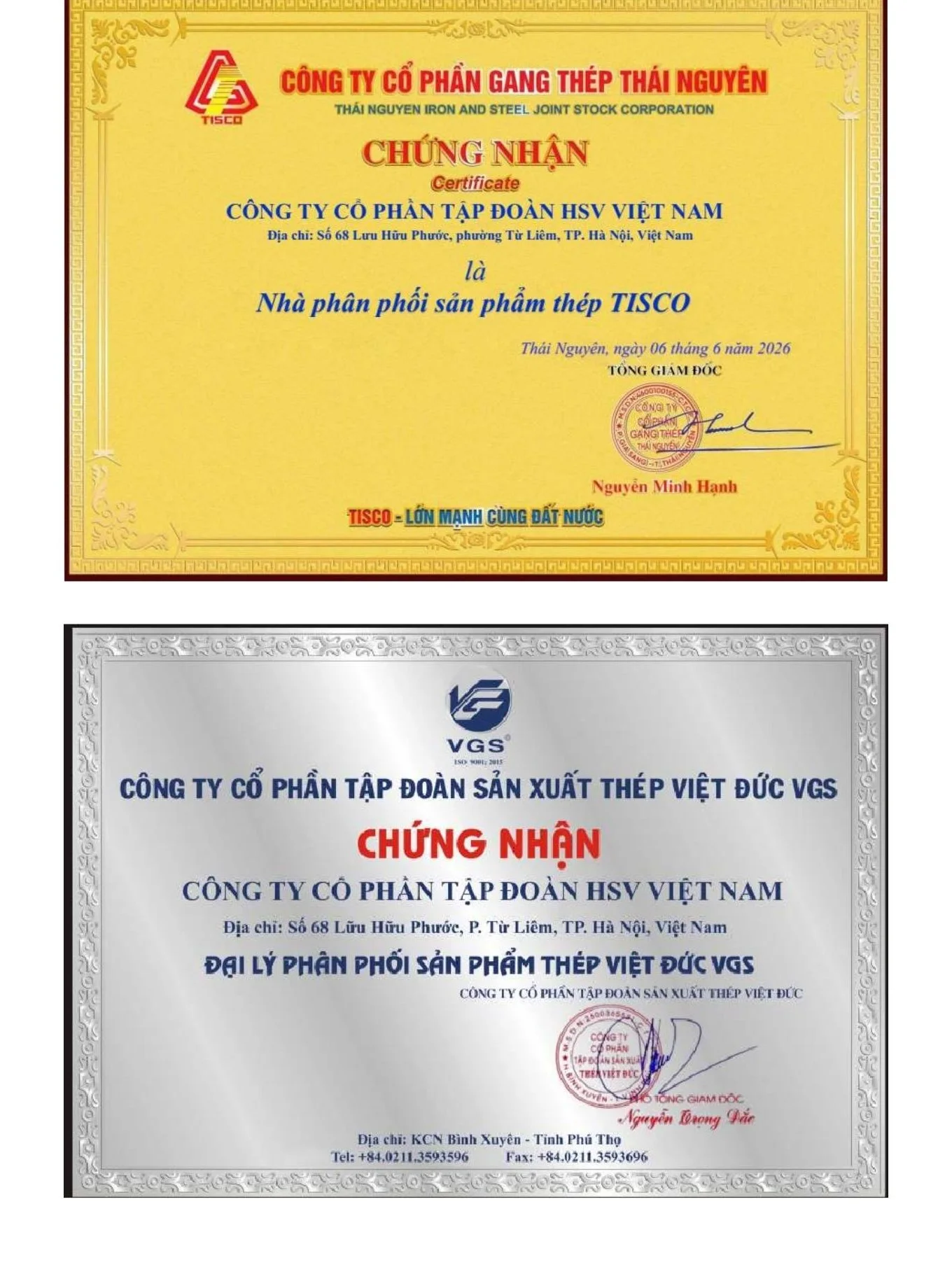 Chứng nhận nhà phân phối TISCO và VGS