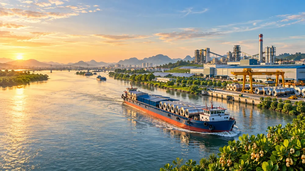 Cargo ships on inland waterways, production areas and green trees demonstrate the sustainable and multi-sectoral development orientation of HSV Vietnam.